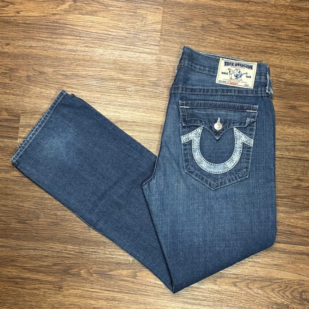 Vtg True Religion Ricky Straight Jeans Mens 36x33 Blue Paisley Pocket Flap USA